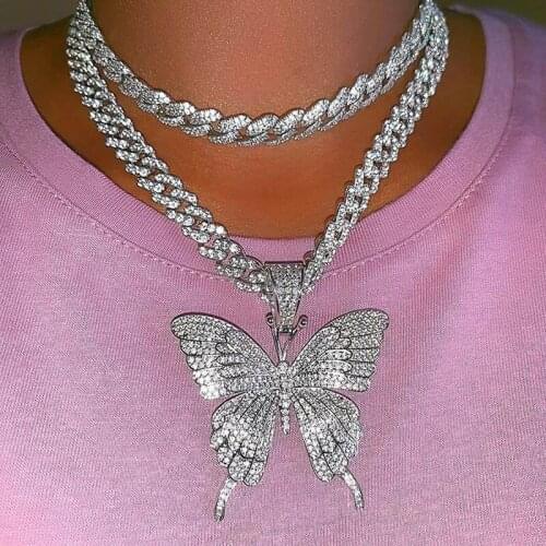 Iced out Butterfly Pendant 9mm Rose Gold silver color Cuban Chain Cubic Charm Pink Tennis Chain Necklace Women Hip Hop Jewelry