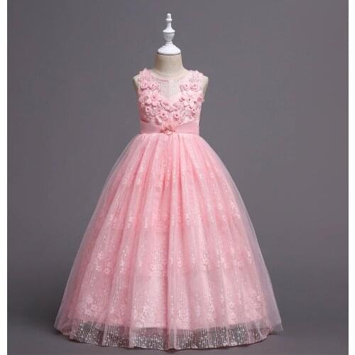 Summer hot-selling childrens dress girls pure color lace applique long dress new sleeveless dress