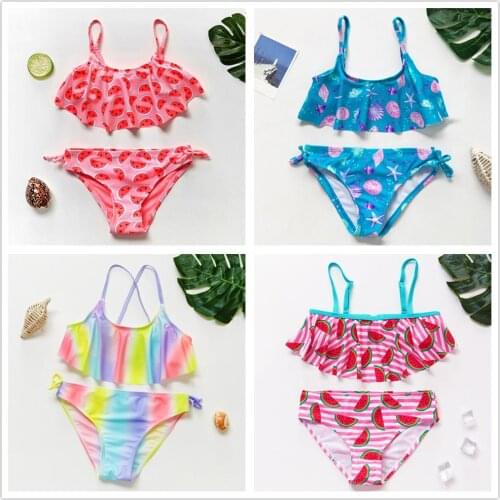 Richkeda Store New 2~16Year Girls Swimsuit Kids Swimwear Cute Print Kids Bikini Sets Ruffle Style Children Swimwear Kids Beach