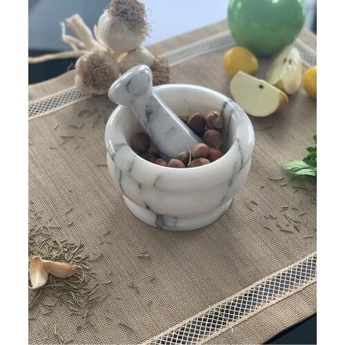 Handmade Natural Marble Mortar - With Hammer 12x7 Cm, for Garlic and Spice, White Color Gift Idea, Natural Stone Made in Turkey