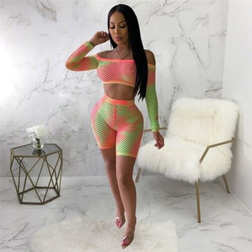 Sexy Mesh Fishnet Bikni Cover-ups Sets Women Swimwear Tie Dyed Beach Cover-ups Off Shoulder Long Sleeve Crop Top+Shorts