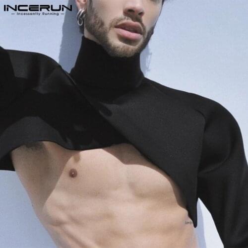 INCERUN Sexy Leisure Mens Tops Long Sleeve High Collar Comfortable Cross-over Design Wear Zipper T-Shirts Bottoming Tees S-5XL