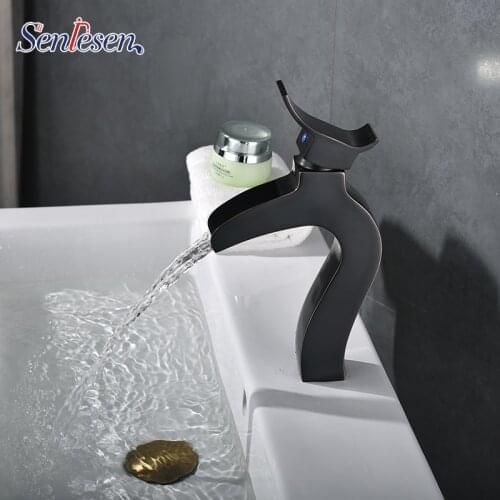 Senlesen Basin Faucet Waterfall Bathroom Faucet Deck Mounted Brass Vanity Sink Mixer Tap Hot & Cold