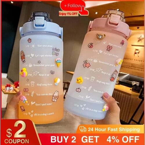2L Sport With Straw Water Bottle Kawaii Large Capacity With Scale Straw Cup For Outdoor Travel Kettle For Adult Student Cups