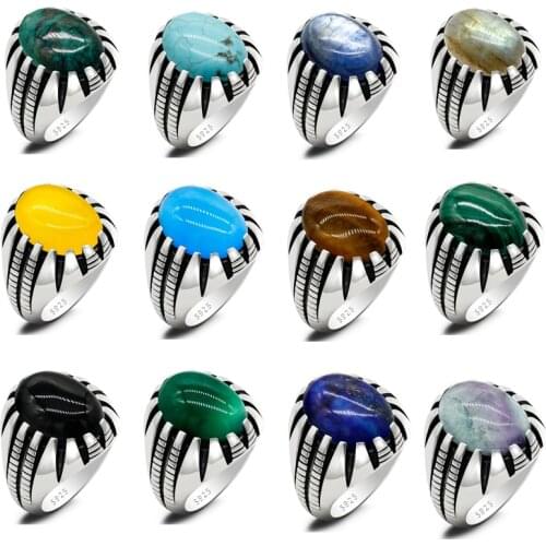 Solid 925 Sterling Silver Ring for Men with Natural Stone Turquoise/Agate/Malachite/Lapis/Kyanite Gemstone Turkish Jewelry Gift