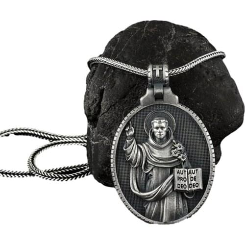 Vintage Christian Saint Dominic Mens Necklace Catholic Godfather Pendant Metal Religious Accessories