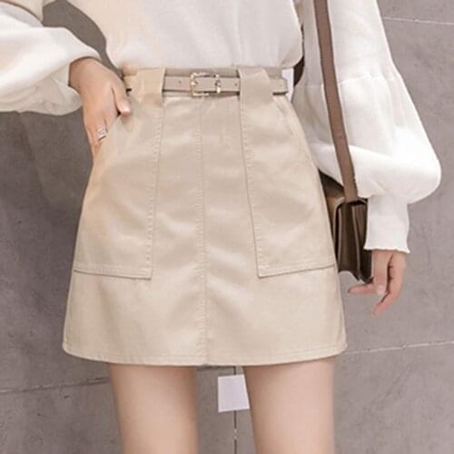 2020 Autumn Winter PU Leather Women Mini Skirts Womens Side Pockets Belt Streetwear Short A Line Skirt Elegant New Bottoms