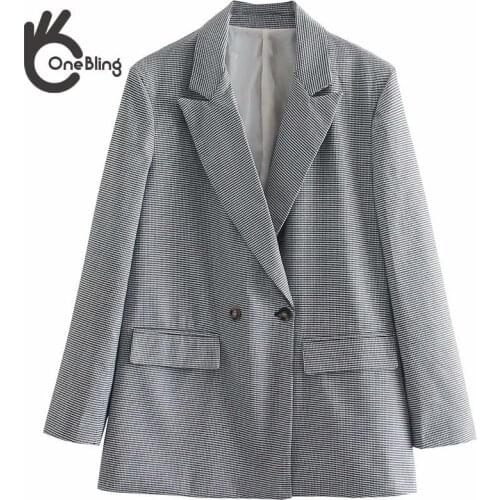 OneBling Houndstooth Blazers Spring Autumn Fashion Double Breasted Women Loose Tops Outerwear Office Lady Suit Jacket Female