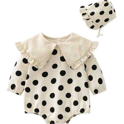 2021 Cute Baby Polka Dots Dress for Toddler Girls Wide Turn Down Collar Long Sleeve Causal Clothing Headband Set 9m