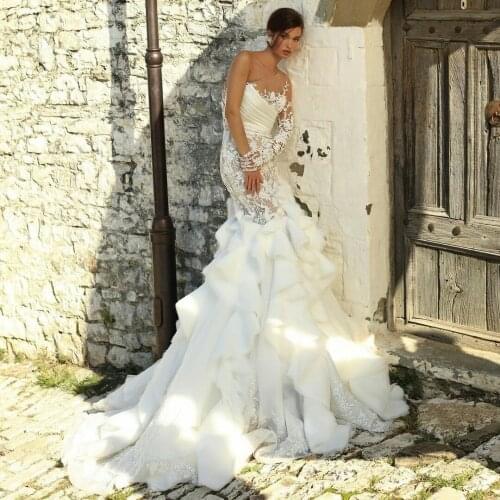 One Shoulder Mermaid Wedding Dresses Ruffles Lace Appliqued Church Wedding Gowns Custom Made Bridal Vestidos De Novia