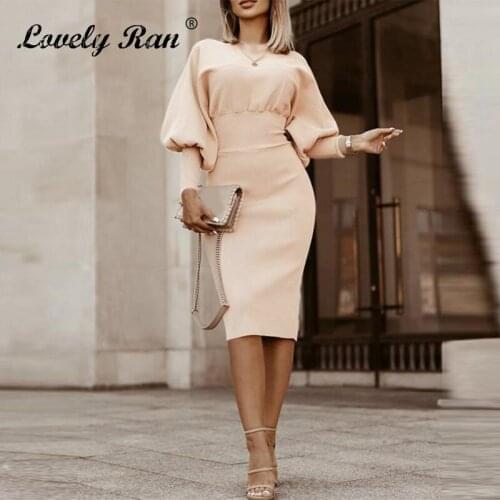 Knitted Lantern Sleeve Womens Midi Dress High Waist Hip Package Ladies Long Dresses 2021 Spring Female Solid Office Vestidos