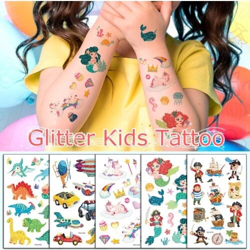 1 Sheet glaryyears Boy Girl Children Glitter Shiny Animals Mermaid Tattoo Cartoon Temporary Tattoo Sticker for Body Art