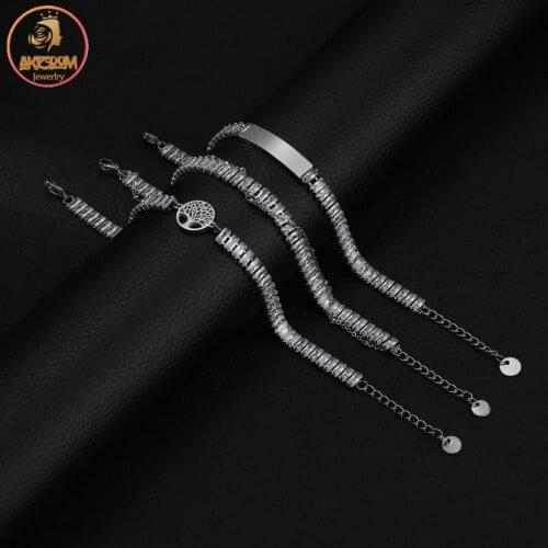 Akizoom Cubic Zircon Bracelet Square Link Chain Stainless Steel Rhinestone for Women Charm Wrist Birthday Party Jewelry Gift