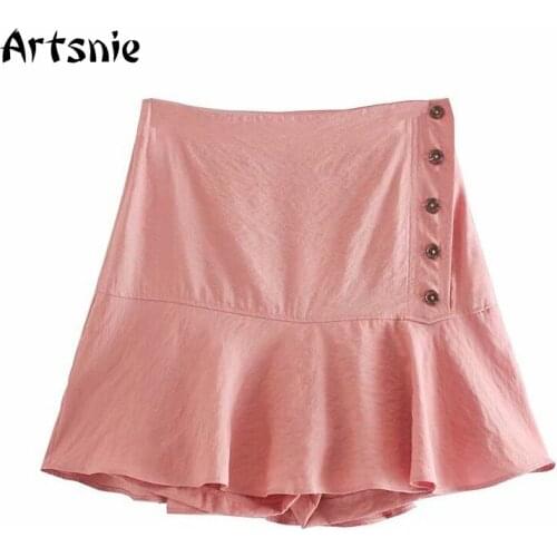 Artsnie Summer 2021 High Waist Shorts Skirts Women Button Ruffles Pink Casual Shorts Woven Loose Ladies Shorts Skirts Mujer