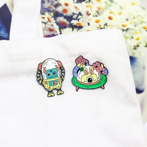 Alien robot Enamel Brooch Flying saucer UFO ox horn Rabbit ear flower Monster Lapel Pin Bags and clothes Cartoon Badge