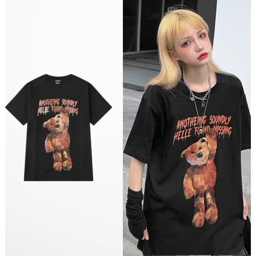 Japanese Style Summer T Shirt Men Cartoon Big Bear Print T Shirts Men And Women 100% Cotton Ins Lovers Kahaki Short Sleeve Tee