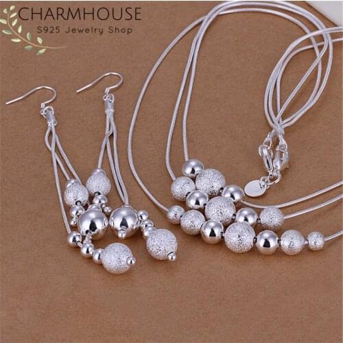 Charmhouse Silver 925 Jewelry Sets For Women 3 Layer Beads Long Tassel Pendant Necklace +Earrings 2 pcs Costume Jewelry Set