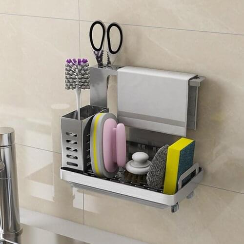 Kitchen Sink Shelf Soap Sponge Drain Rack Storage Organizer Caddy With Drain Pan Wall Mounted Stainless Steel Holder Dropship