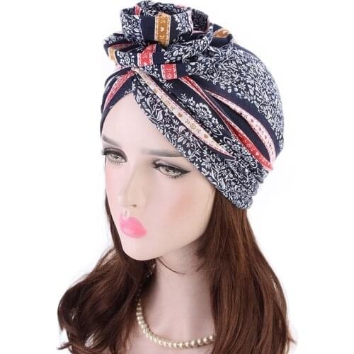 New Fashion Women Bohemia Style Turban Hat Flower Hijab Cap Beanie Ladies Headwear Hair Accessories India Muslim Hat Scarf Caps