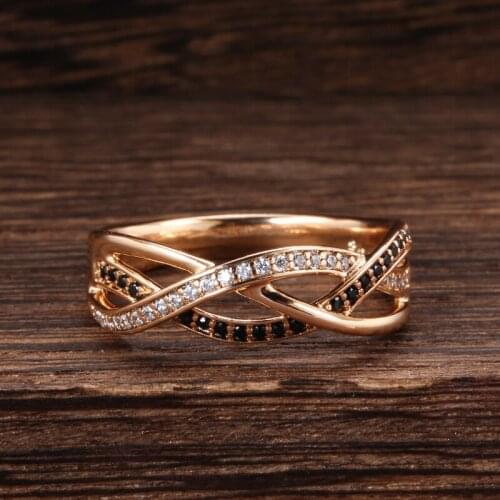 Luxury Gold Plated Black CZ Crystal Ring Geometric Line Cross Wedding Rings for Women Fashion Party AAA Zircon Jewelry