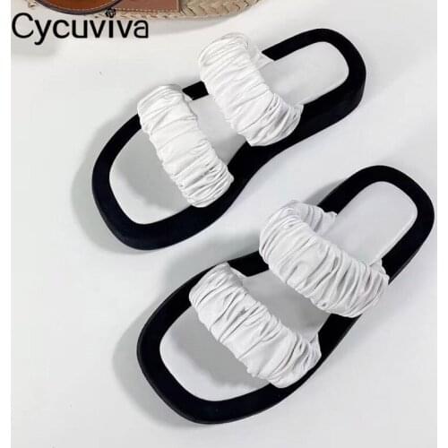 2021 New Summer Pleated Leather Platform Slippers Womens Flat Slides Brand Sandals Outwear Casual Mules Flat Beach Shoes Woman