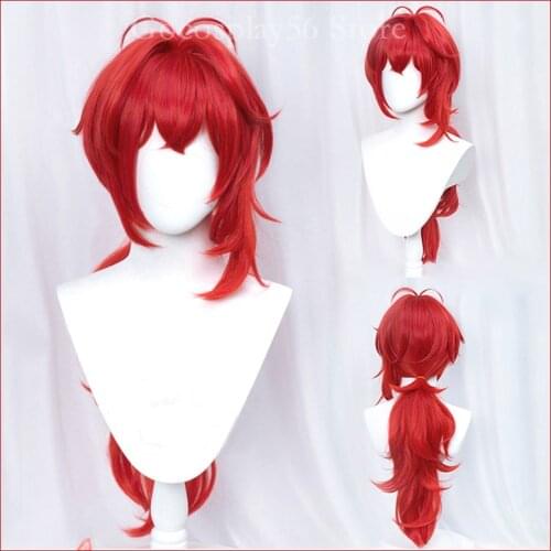 Genshin Impact Diluc Wig Cosplay Red Long Curly Ponytails Heat Resistant Hair Adult Halloween Role Play AC