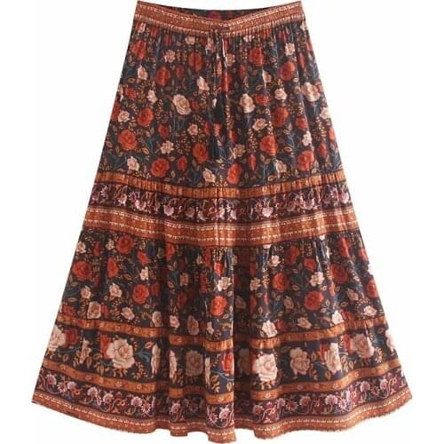 Vintage chic women Hippie beach Bohemian floral print skirt High Waist tassel Midi A-Line Boho Skirt Femme