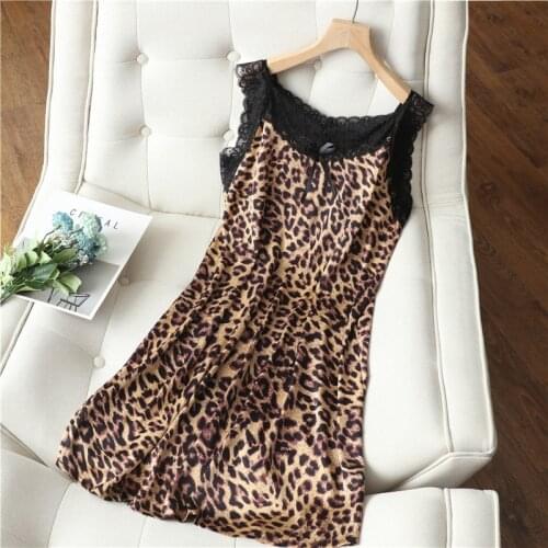 Women Satin Nightgown Home Clothing Casual Nightdress Leopard Sexy Spaghetti Sling Short Lace Summer New Homewear Nightwear