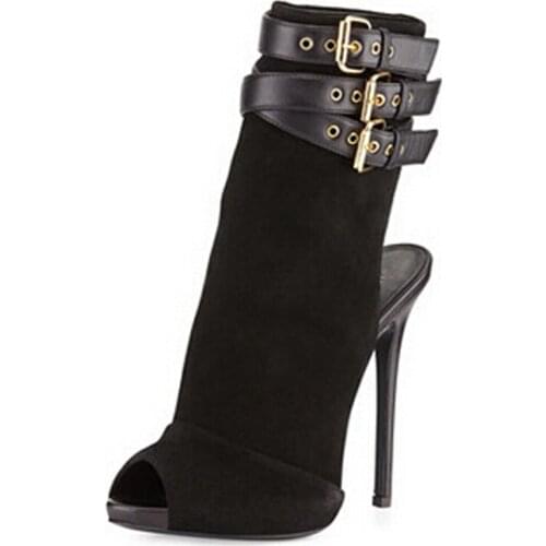 Open Toe Women Fashion Suede Leather Buckle Design Ankle Boots Super High Back Cut-out Gladiator Short Boots Formal Dress Shoes