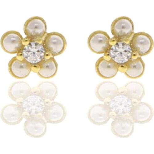 Gold Color Pearl CZ Flower Shaped Mini 100%925 Sterling Silver Stud Earrings For Women Girlfriend Gifts Piercing Earring Jewelry