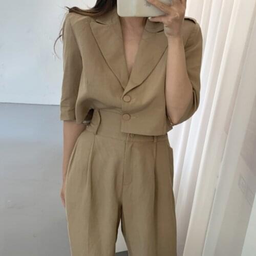 Vintage Two Pieces Set Office Lady Blazer Suit Women High Waist Casual Trousers Suit Pants Work Blazer Jacket OL Korean Style