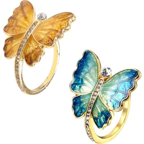 Chic Colorful Enamel Flying Butterfly Rings Crystals Inlaid Butterfly Animals Band for Women Fashion Jewelry US size 7