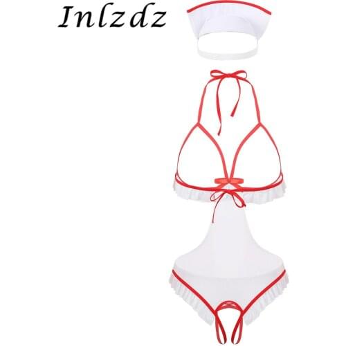 Womens Lingerie Naughty Nurse Cosplay Costumes Open Cups Crotchless Leotard Bodysuit with Headband Sexy Role Play Games Clothes