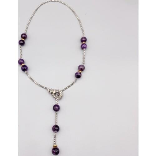10mm Purple Amethyst Necklace Box Chain Magnetic Clasp Gold and Silver Color Tone Adjustable Lengths From 18 to 22 Inch