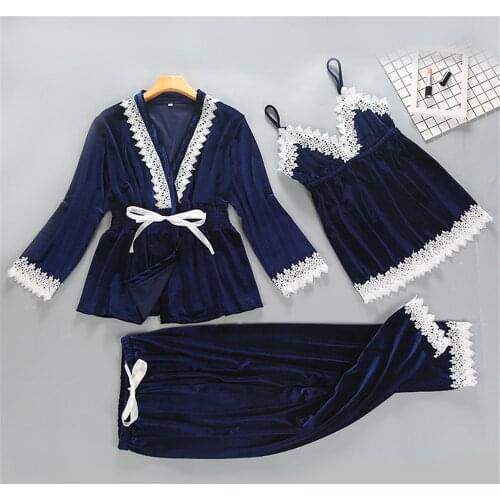 Women New Gold Velvet 3PCS Lace Sleepwear Set Autumn Pajama Suit Sexy Lace Trim Nightwear Bride Wedding Robe Sling Long Pants