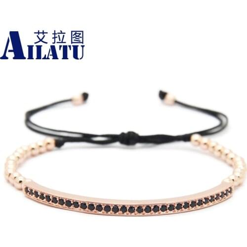 Ailatu Long Tube Bar Braided Macrame Bracelet 4 mm Stainless Steel Beads Cubic Zirconia Bronze Fashion Jewelry