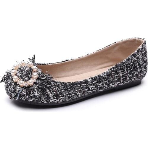 Retro Pearls Appliques Ladies Cotton Linen Ballerinas Shoes Soft Foldable Bottom Women Plaid Ballet Flats Comfortable Slip On