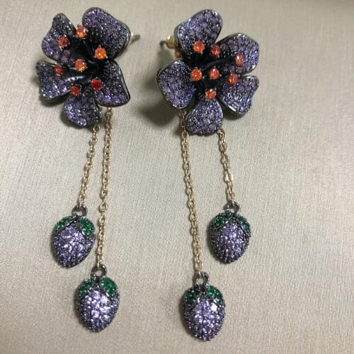 Bilincolor High Quality Luxury Fashion Cubic Zirconia Purple Flower Tassel Drop Earrings