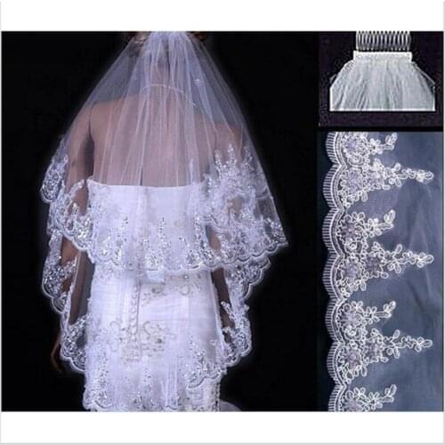 Real Photo White Ivory Women Bridal Veils 2020 Wedding Veils 2 Layers Handmade Beaded Lace Edge With Comb Wedding Accessories