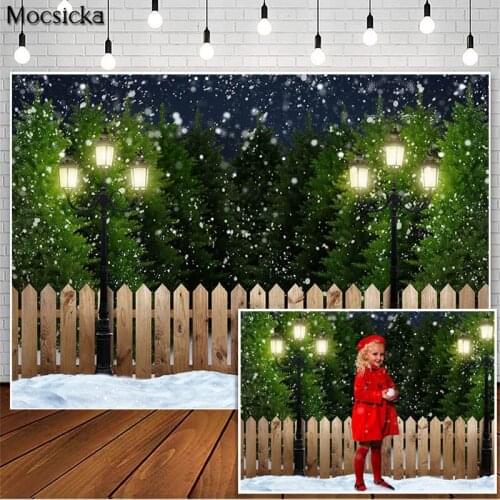 Winter Snow Christmas Night Photography Backdrops Street Lamp Fence Christmas Tree Decor Photo Props Studio Booth Background