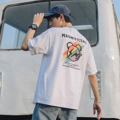 Summer Mens T-shirt Bear Print Color Hand-painted Short Sleeve Loose Top Round Neck HK Style Casual Clothes Free Shipping