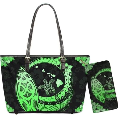 Hawaii Leather Handbags Set For Women Polynesian Large Leather Women Handbag Purse Set Tribal Printed Clutch Wallets Totes Femme