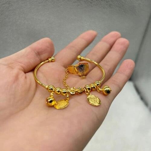 Dubai Bangles for Women With Rings Ethiopian Jewelry Set African Coin Bracelet Copper Beads Wedding Gift