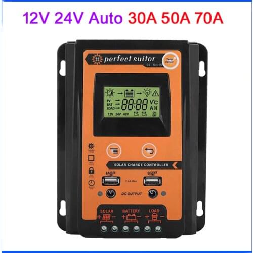 30A 50A 70A MPPT PWM Solar Charge Controller 12V 24V Dual USB Solar Regulator with Big LCD IP32 PV Battery Controller Load Timer