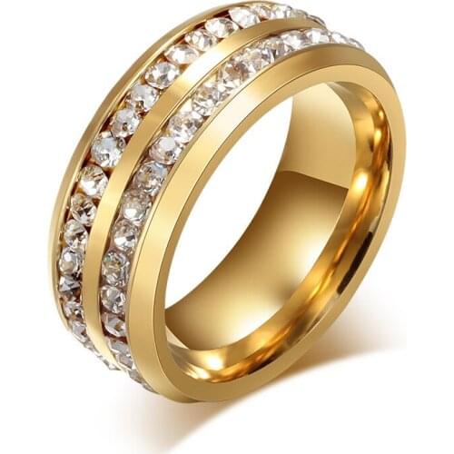 Fashion Gold Silver Color Wedding Ring for Women Stainless Steel Ring Anniversary Finger Ring Men Double Row Rhinestones Jewelry