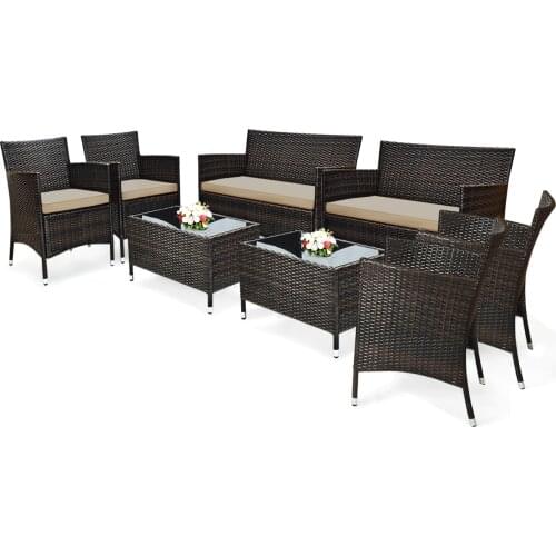 8PCS Rattan Patio Furniture Set Cushioned Sofa Chair Coffee Table Garden 2*HW63214