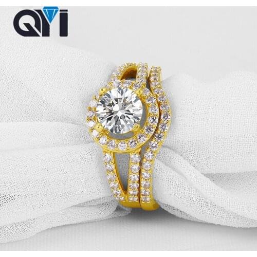QYI 14k Solid Yellow Gold Halo Ring Sets 1ct Round Cut Luxury Women Split Band Wedding Band Engagement Ring