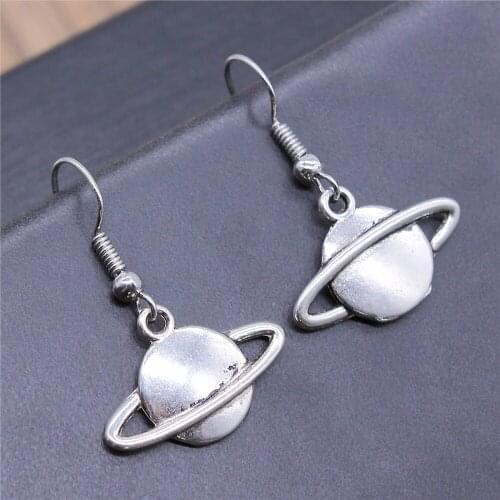Vintage Antique Silver Color 22x15mm Planet Saturn Solar System Charms Dangle Earrings Drop Earrings For Women