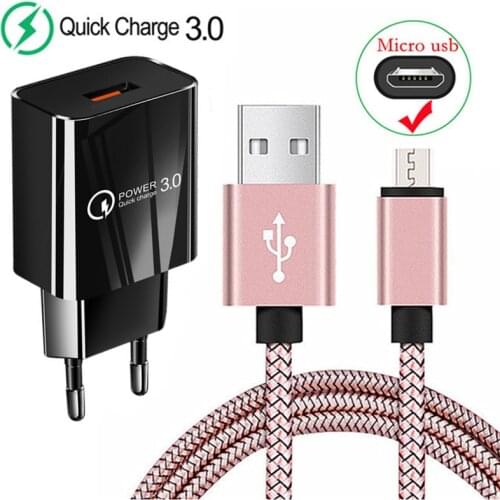QC 3.0 Fast USB Wall Charger For Xiaomi Redmi 3s 5 Note 4X Samsung A10 Huawei Honor 9s 8x 7a Asus Nokia LG 3A Micro Charge Cable