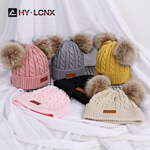 2021 Baby Stuff Double Pompom Hats Winter Knitted Kids Baby Girl Hat Warm Thicken Children Infant Caps Girls Bonnet Cap Hats